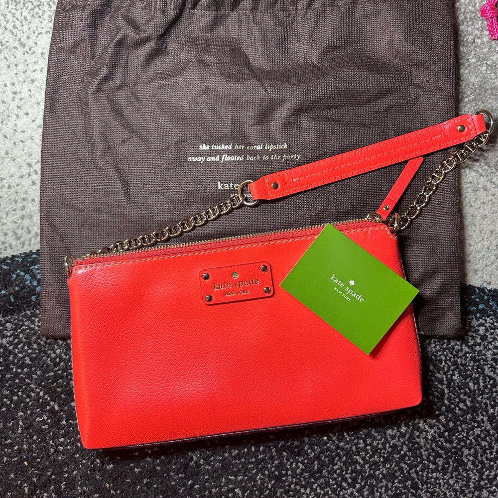 Bag| Kate Spade Orange Leather Shoulder Bag with Gold Chain-leather Strap